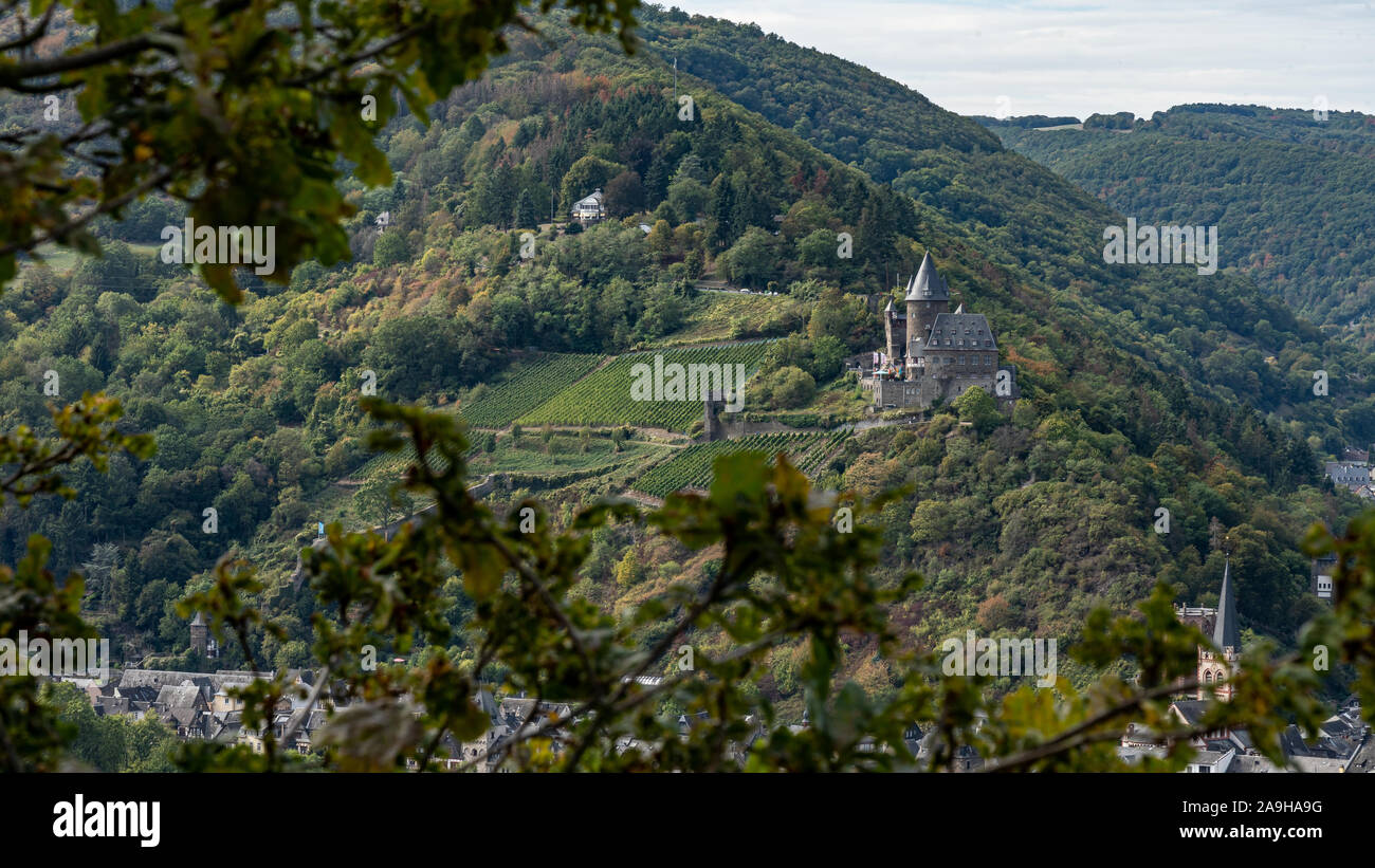 view on bacharach castle on rhine hiking trail rheinsteig with ...