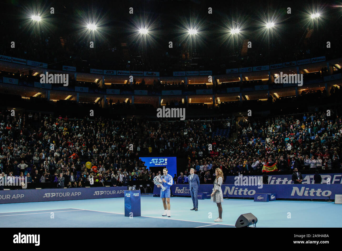 London, UK. 15th Nov 2019. O2 Arena, London, England; Nitto ATP Tennis  Finals; Rafael Nadal (ESP) was presented with the 2019 ATP Tour-End Number  One trophy - Editorial Use Credit: Action Plus