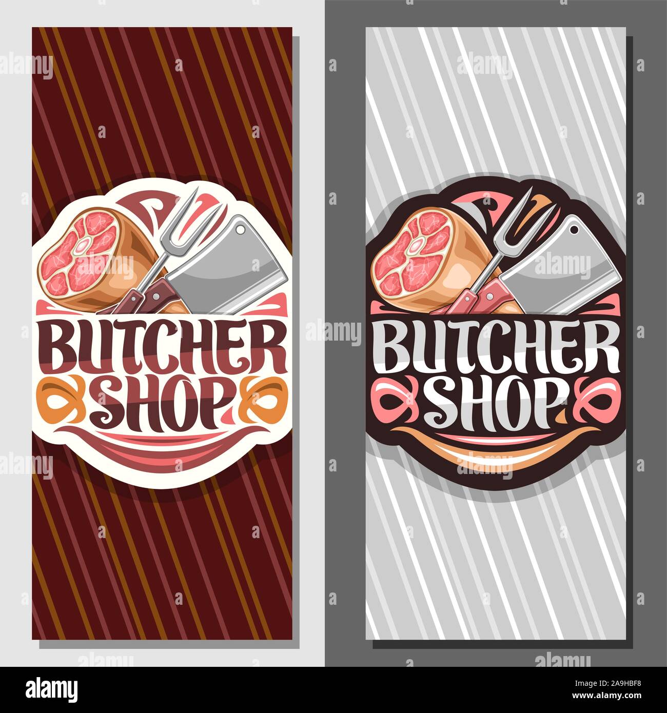Vector vertical banners for Butcher Shop, coupon with illustration of premium leg ham, big fork and cleaver, voucher with original brush lettering for Stock Vector