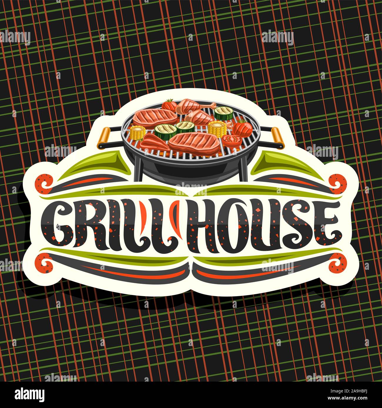 Vector logo for Grill House, white decorative sign board with fried chicken  legs, sirloin steak, healthy zucchini, tomatoes and sweet corn on round gr  Stock Vector Image & Art - Alamy