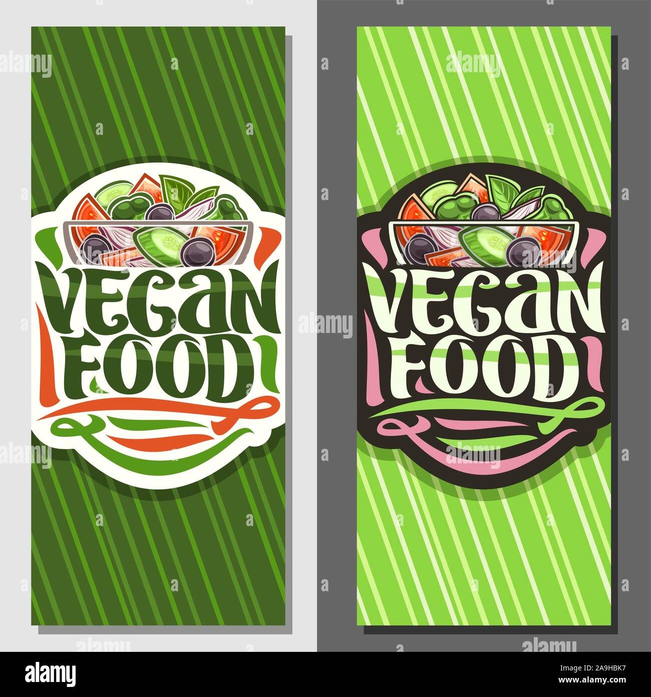 Vector banners for Vegan Food, template with juicy salad in glass transparent bowl, brush lettering for words vegan food, cooked summer salad of varie Stock Vector