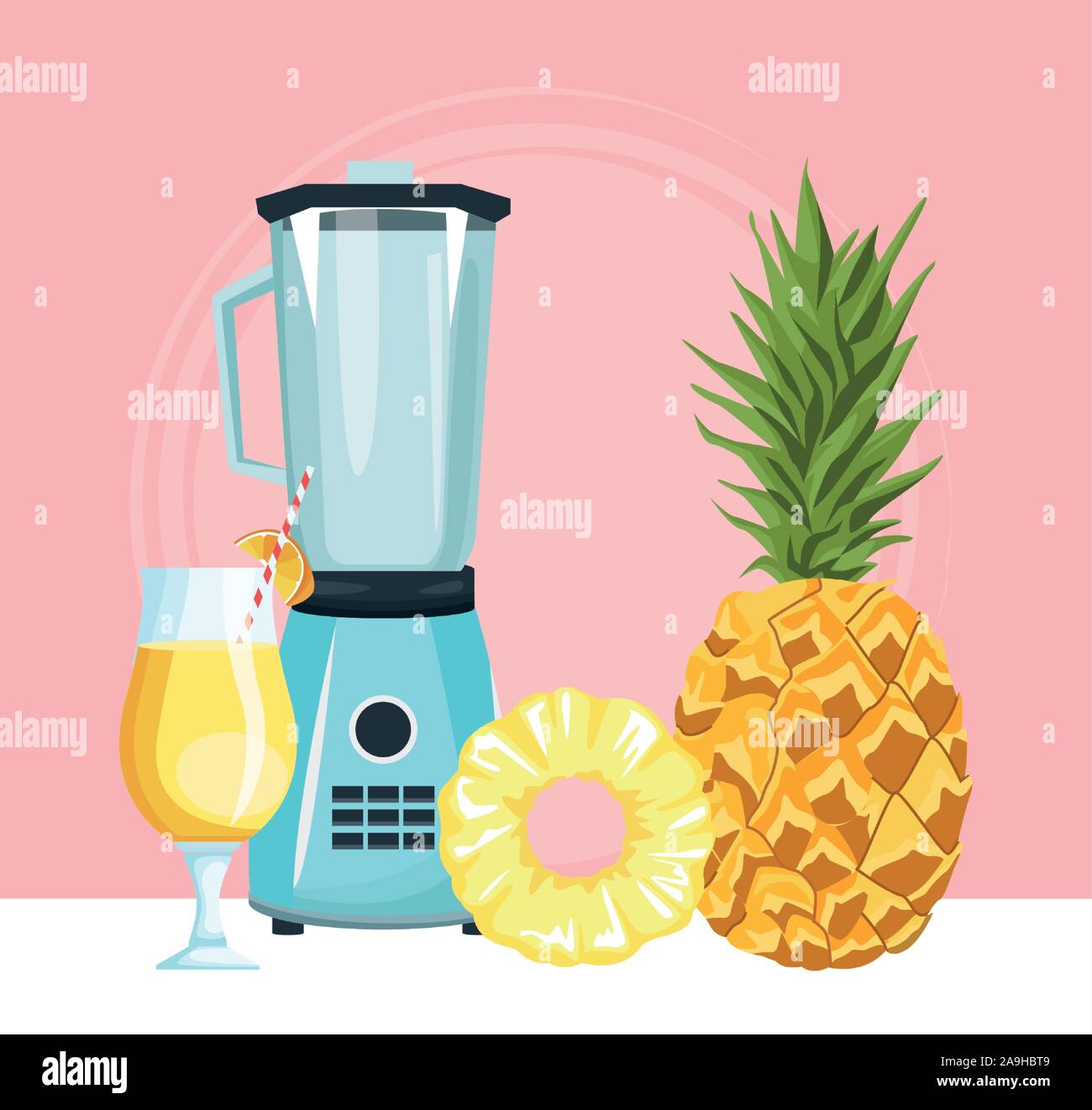 blender with pineapple and cocktail drink, colorful design Stock Vector