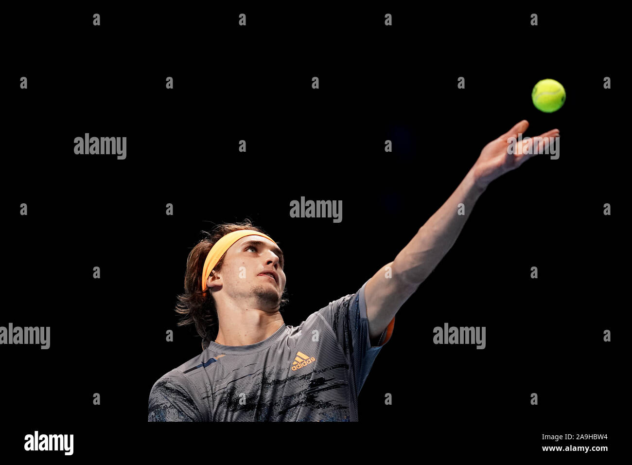 Alexander Zverev during the Mens Single Group Stage match against Daniil Medvedev on day six of the Nitto ATP Finals at The O2 Arena, London. Stock Photo