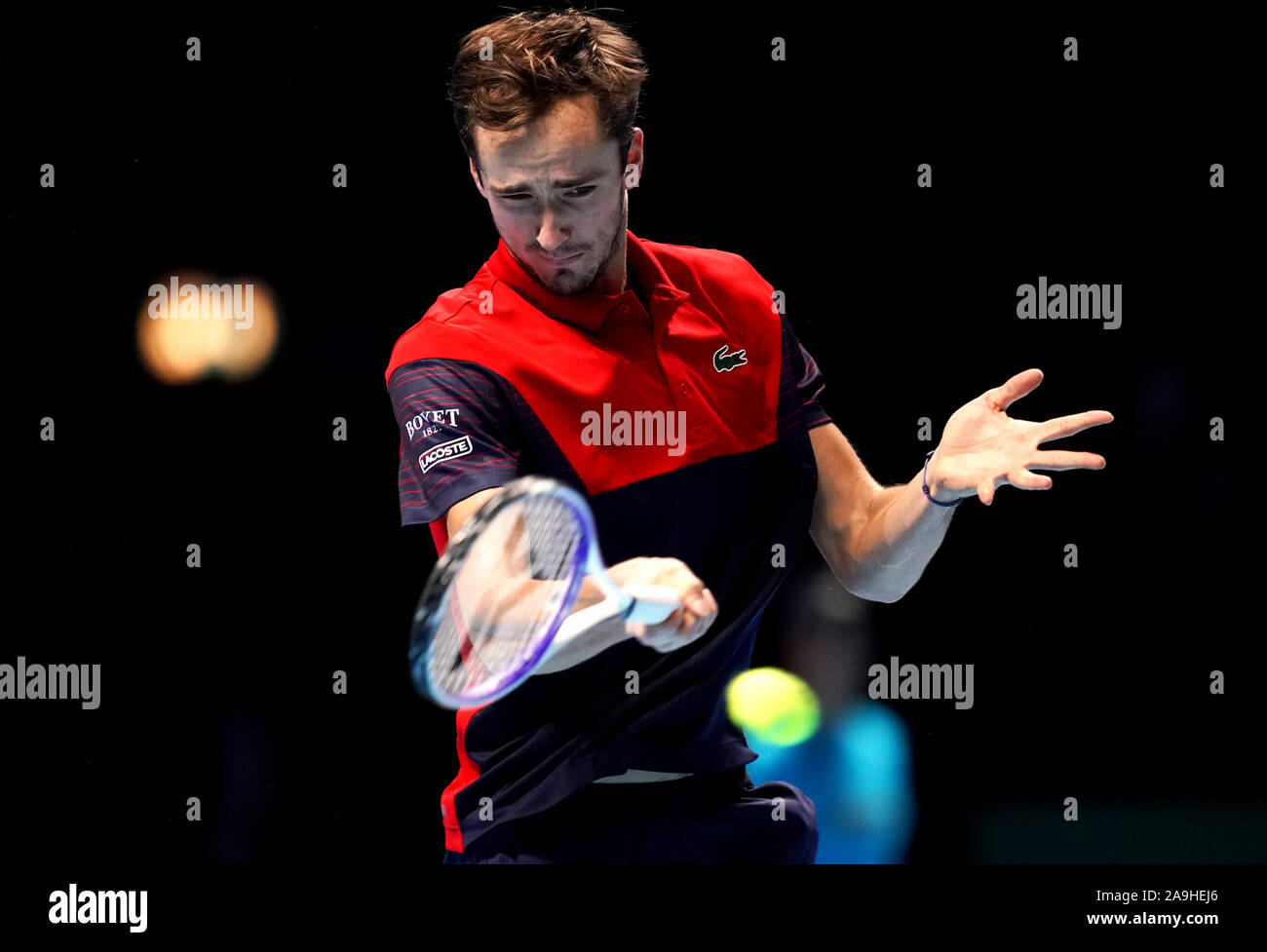 Daniil Medvedev during the Mens Single Group Stage match against Alexander Zverev on day six of the Nitto ATP Finals at The O2 Arena, London. Stock Photo
