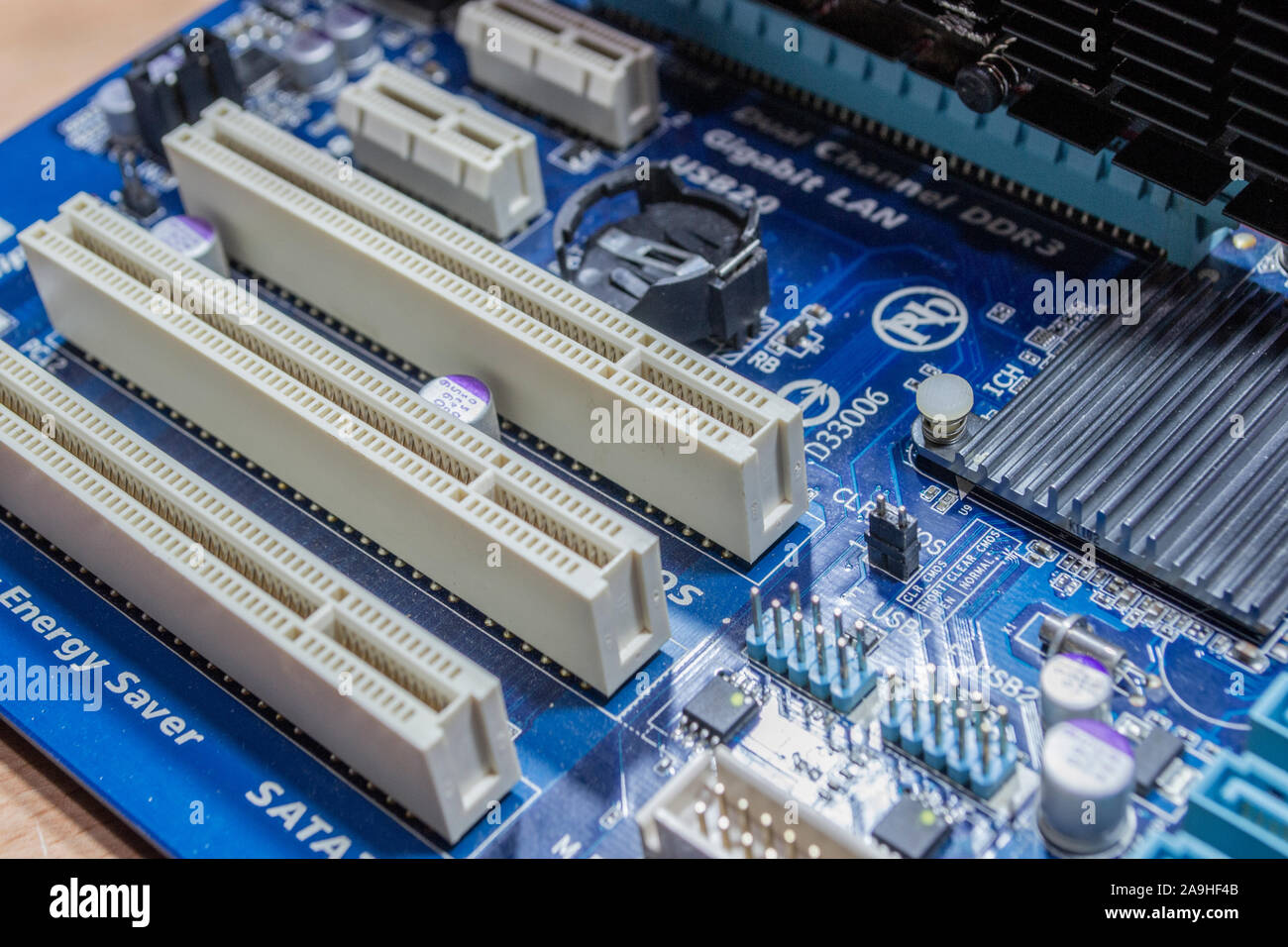 PCI slots on a  Gigabyte  motherboard Stock Photo