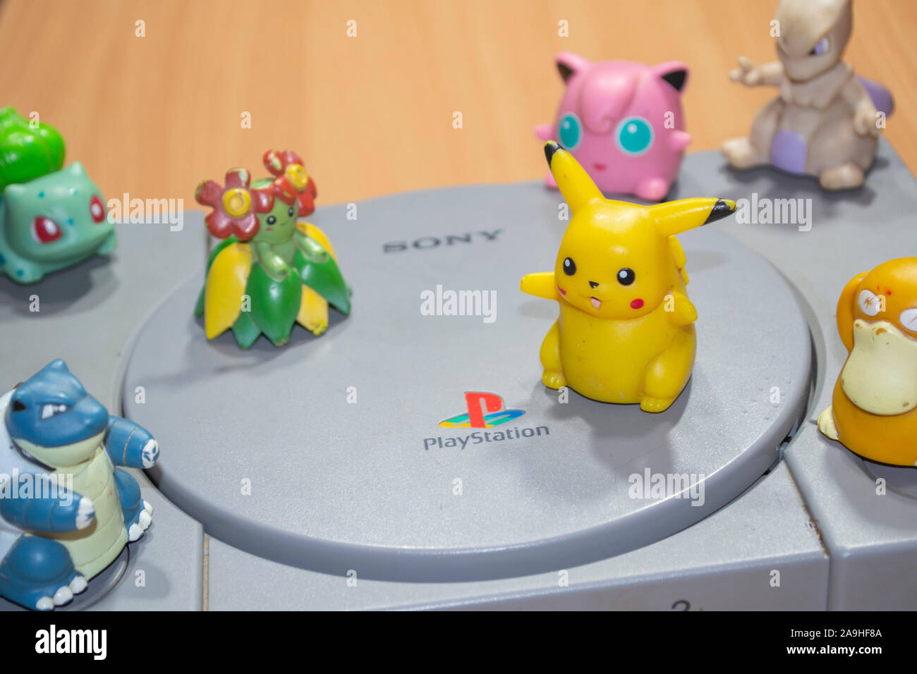 Old Pokemon toys on Sony Play Station Stock Photo