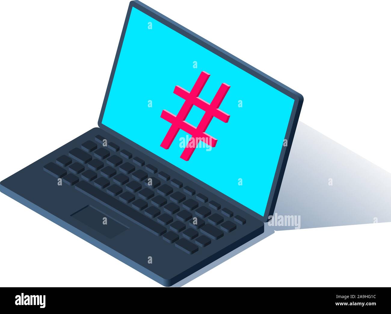 Isometric laptop or notebook with hashtag on the screen as a symbol of social movements and connection Stock Vector