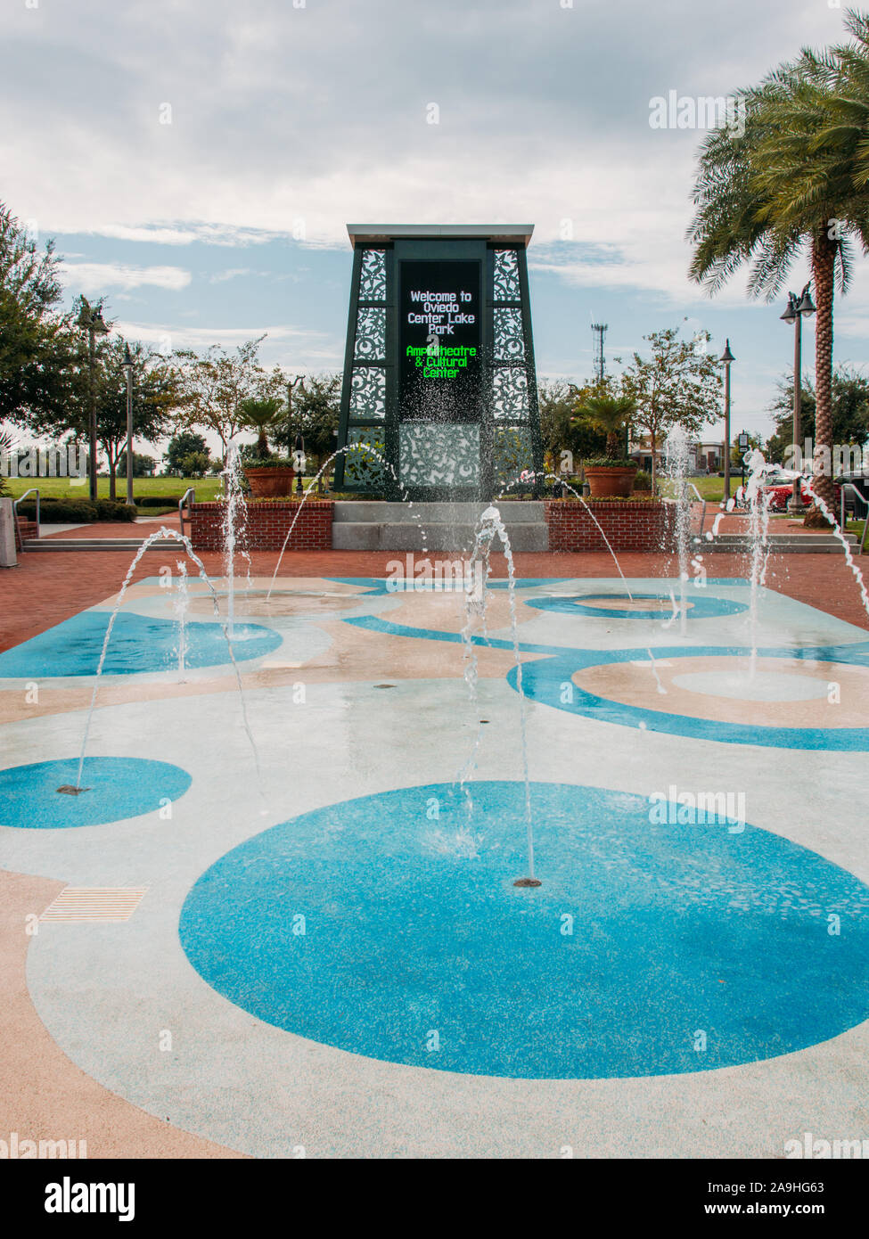 Center Lake Park is a public park with a splash pad in the city of Oviedo, Florida. Stock Photo