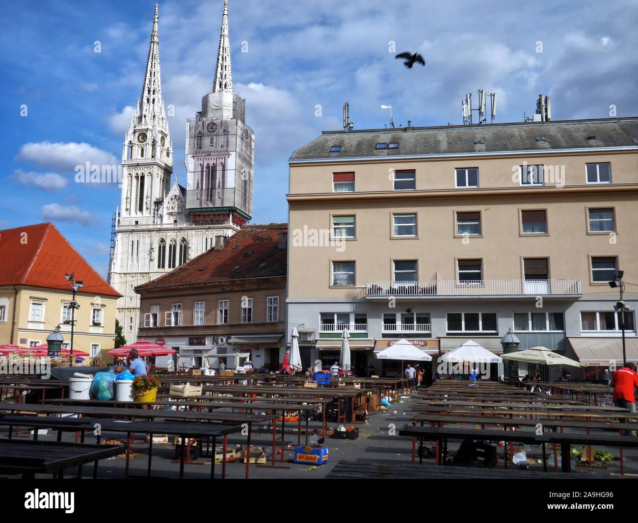Mess and trash left after the famous Dolac Farmer's Market in Zagreb, Croatia. Stock Photo