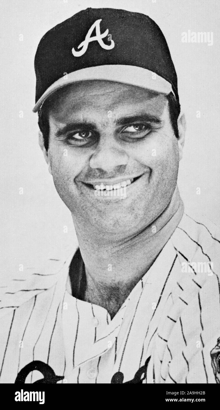 Vintage black and white team issued portrait of baseball player Joe Torre with the Atlanta Braves circa 1960s-70s. Stock Photo