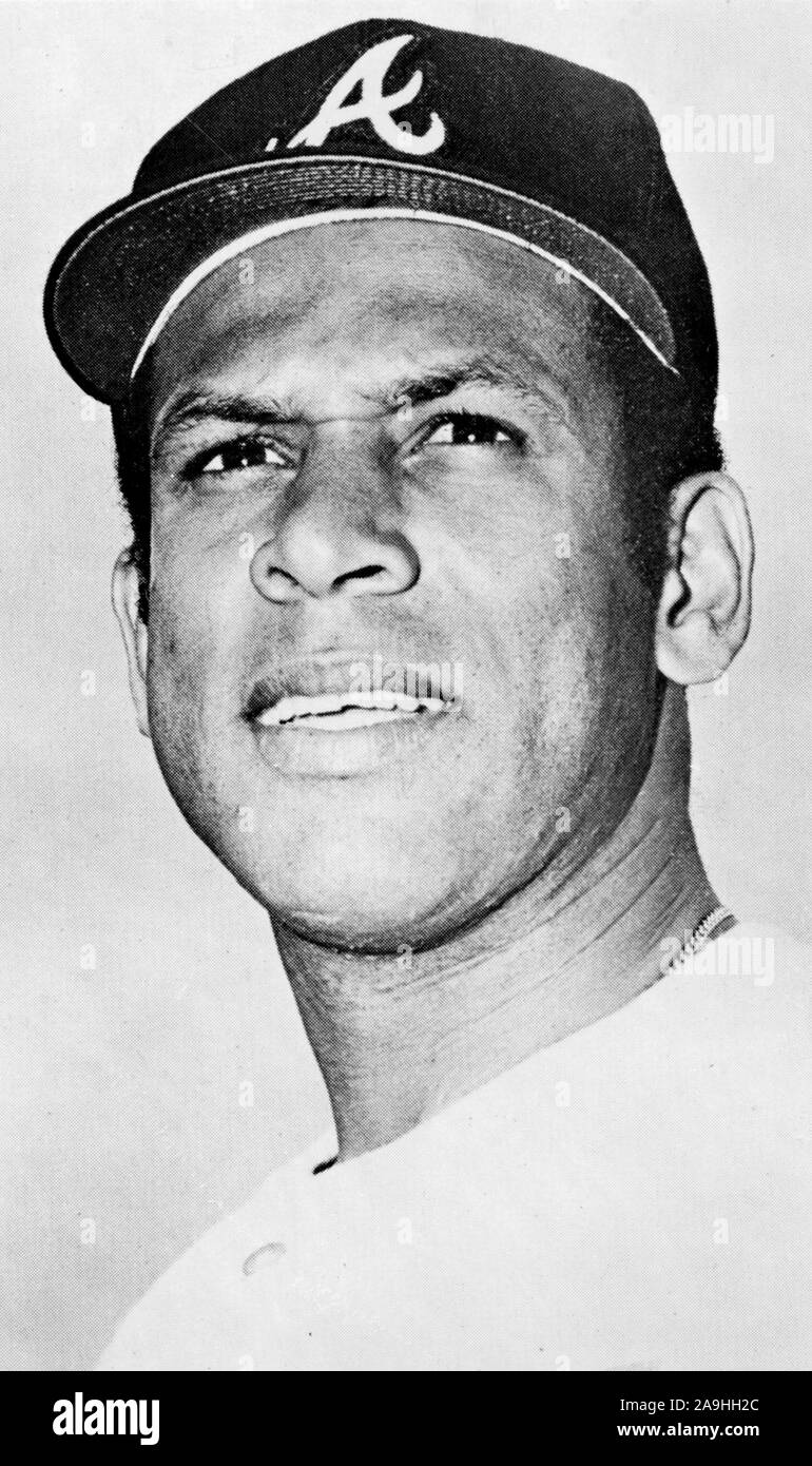 Vintage black and white team issued portrait of baseball player Orlando Cepeda with the Atlanta Braves circa 1970s. Stock Photo