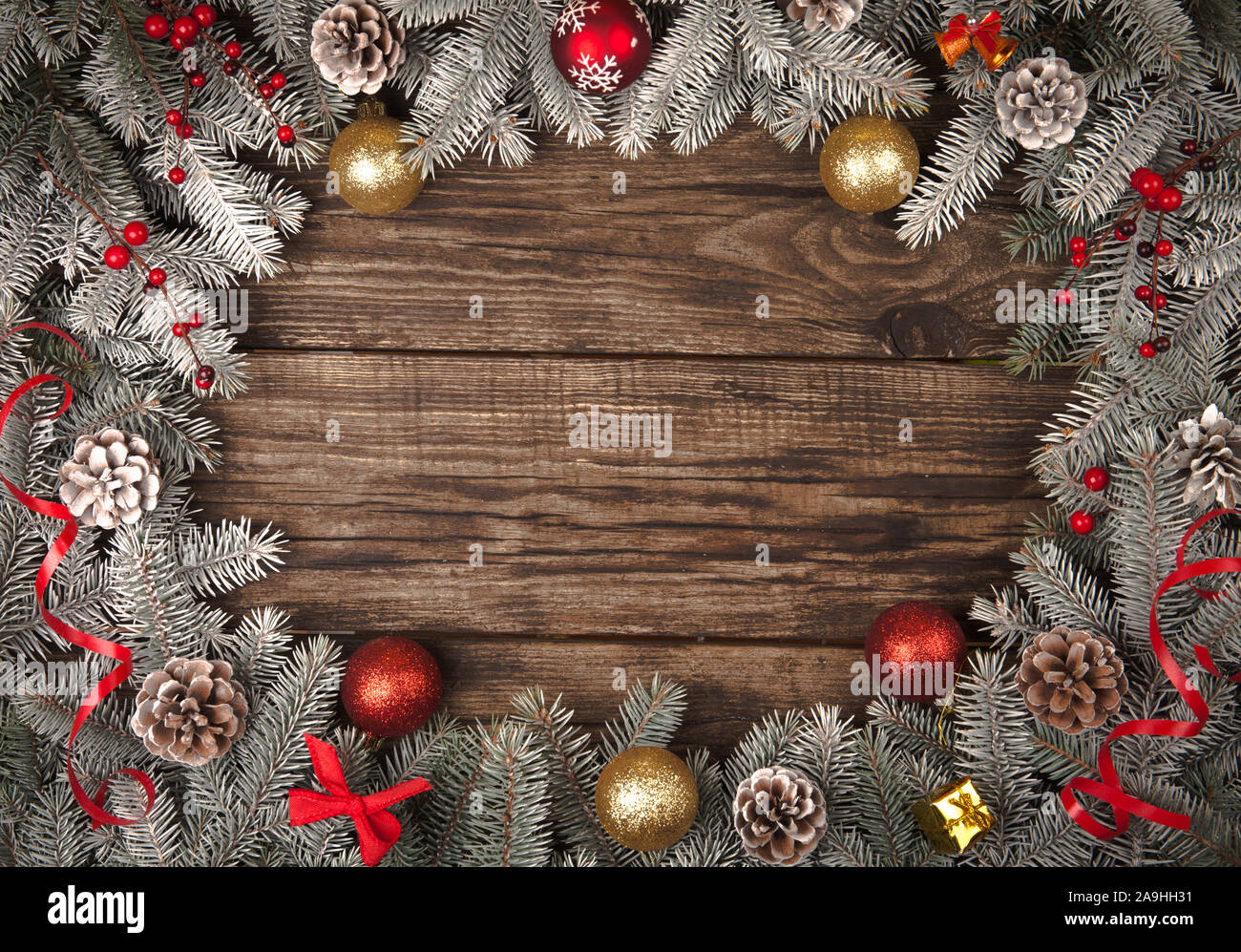 Christmas grunge wooden background with snow fir tree. Top view with ...