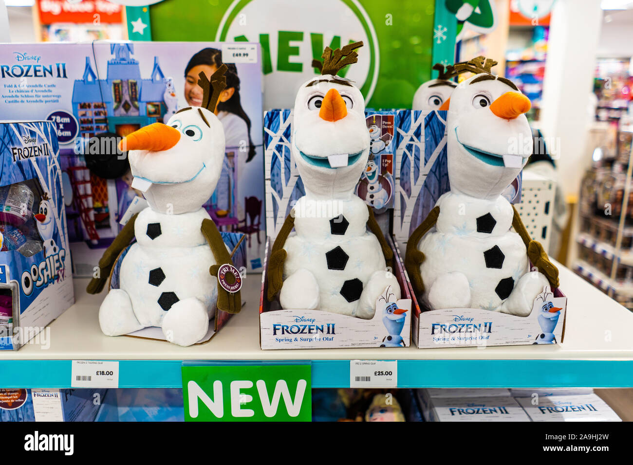 Olaf from the film Frozen, teddy figures on sale ready for Christmas,  stocking fillers and little presents to go under the christmas tree Stock  Photo - Alamy