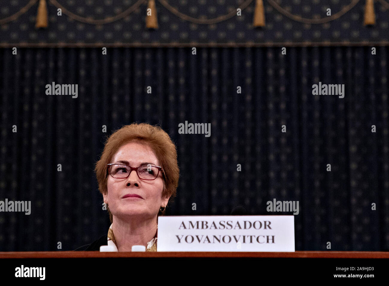 Washington, USA. 15th Nov 2019. Washington, DC, USA. 15th Nov, 2019. Marie Yovanovitch, former U.S. Ambassador to Ukraine, listens during a House Intelligence Committee impeachment inquiry hearing in Washington, DC, U.S., on Friday, Nov. 15, 2019. Yovanovitch testified in private on October 11 that she was called back to Washington after a 'concerted campaign' by President Trump and his allies, including Rudy Giuliani, according to a transcript released later. Credit: Andrew Harrer/Pool via CNP | usage worldwide Credit: dpa/Alamy Live News Stock Photo