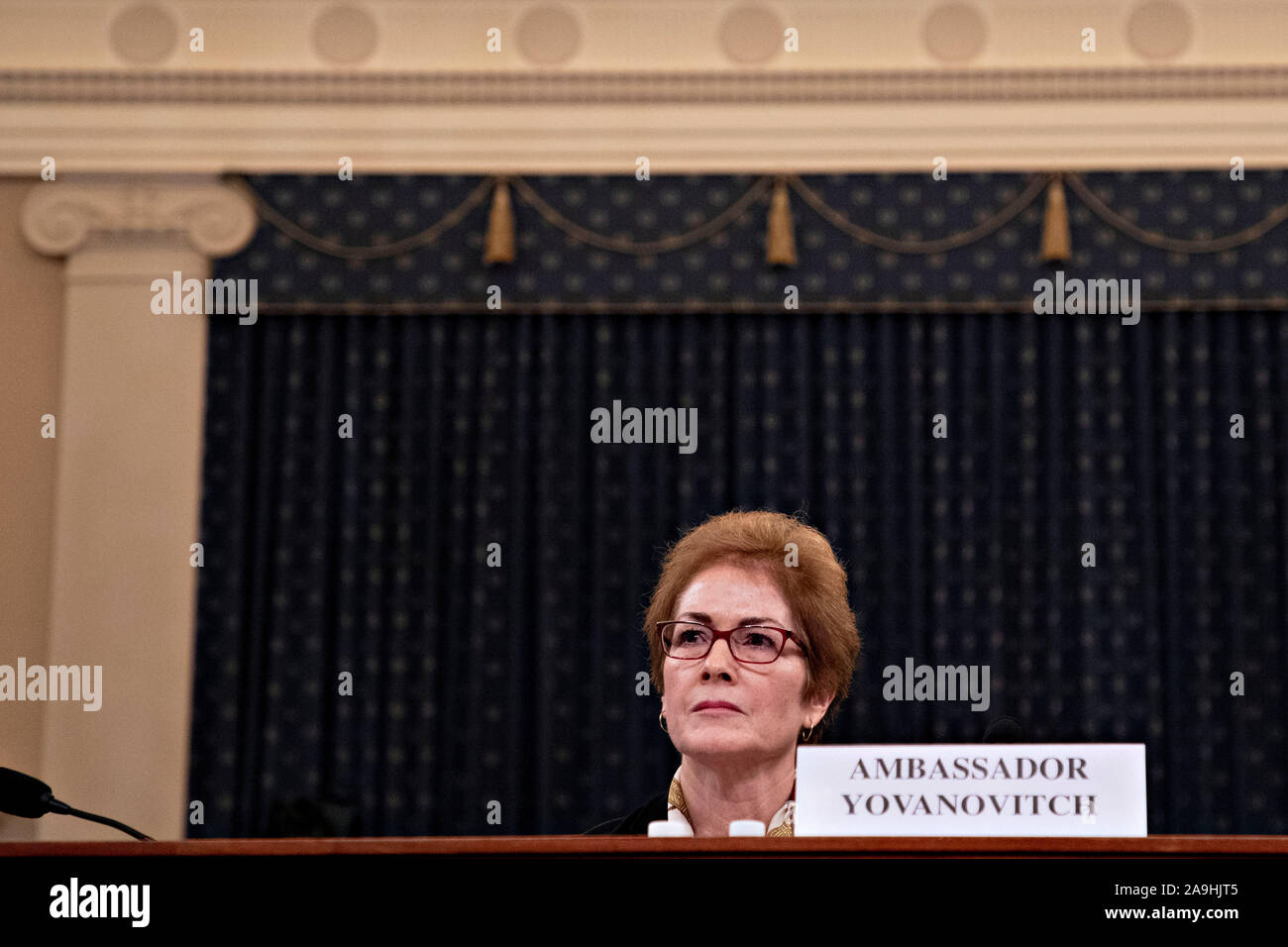 Washington, USA. 15th Nov 2019. Washington, DC, USA. 15th Nov, 2019. Marie Yovanovitch, former U.S. Ambassador to Ukraine, listens during a House Intelligence Committee impeachment inquiry hearing in Washington, DC, U.S., on Friday, Nov. 15, 2019. Yovanovitch testified in private on October 11 that she was called back to Washington after a 'concerted campaign' by President Trump and his allies, including Rudy Giuliani, according to a transcript released later. Credit: Andrew Harrer/Pool via CNP | usage worldwide Credit: dpa/Alamy Live News Stock Photo