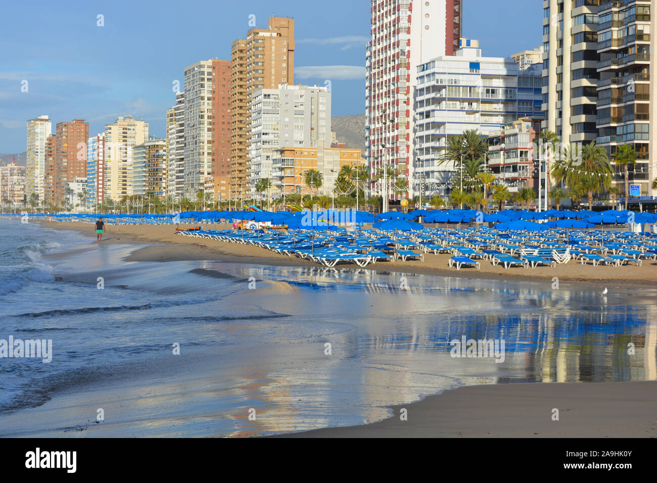 Benidorm city skyline and Playa Levante beach, early morning with man walking on the beach and reflections in wet sand Stock Photo