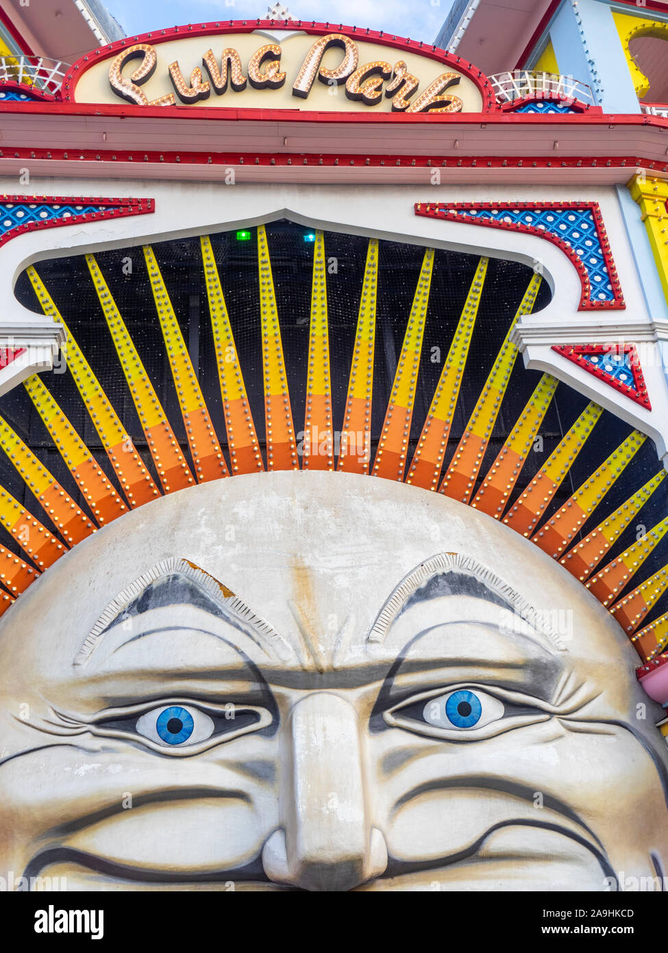 Iconic Mr Moon Face entrance to Luna Park amusement park fairground in St Kilda Melbourne Victoria Australia. Stock Photo