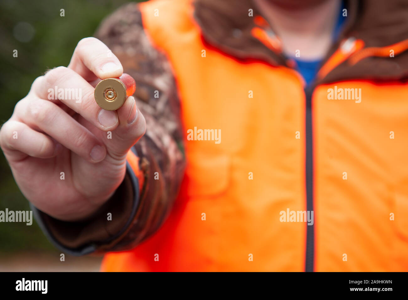 a person wearing cammo and hunter orange holds a 12 gauge shotgun shell in front of them in the forest Stock Photo