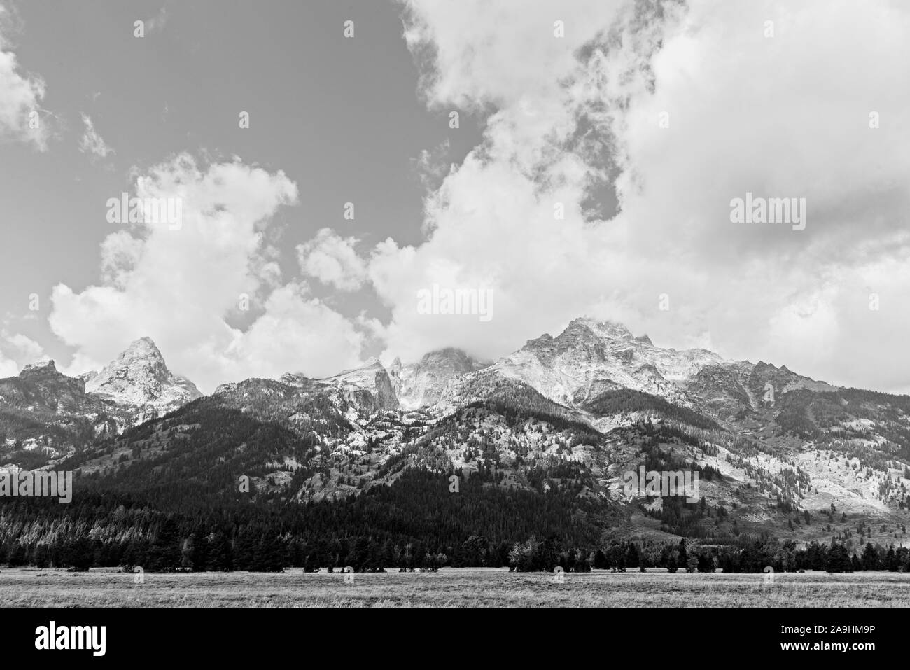 Black and white, side of tall Rocky Mountains with white fluffy clouds above. Stock Photo