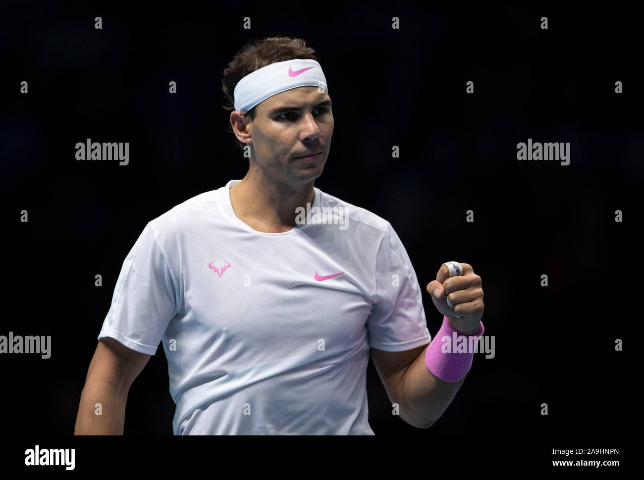 London, UK. 15th Nov, 2019. Rafael Nadal of Spain celebrates during the singles group match against Stefanos Tsitsipas of Greece at the ATP World Tour Finals 2019 in London, Britain on Nov. 15, 2019. Credit: Han Yan/Xinhua/Alamy Live News Stock Photo