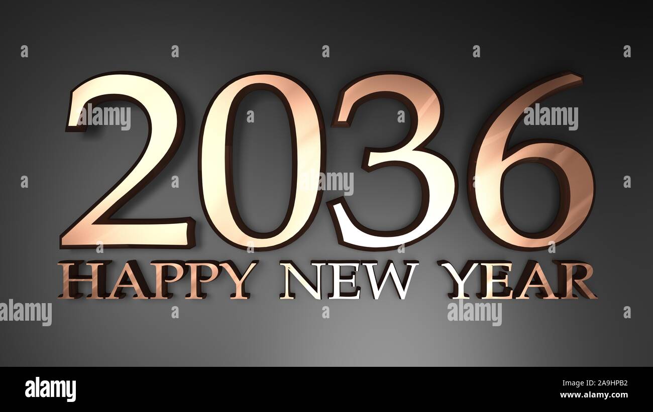 2036 Happy New Year copper write on black background 3D rendering
