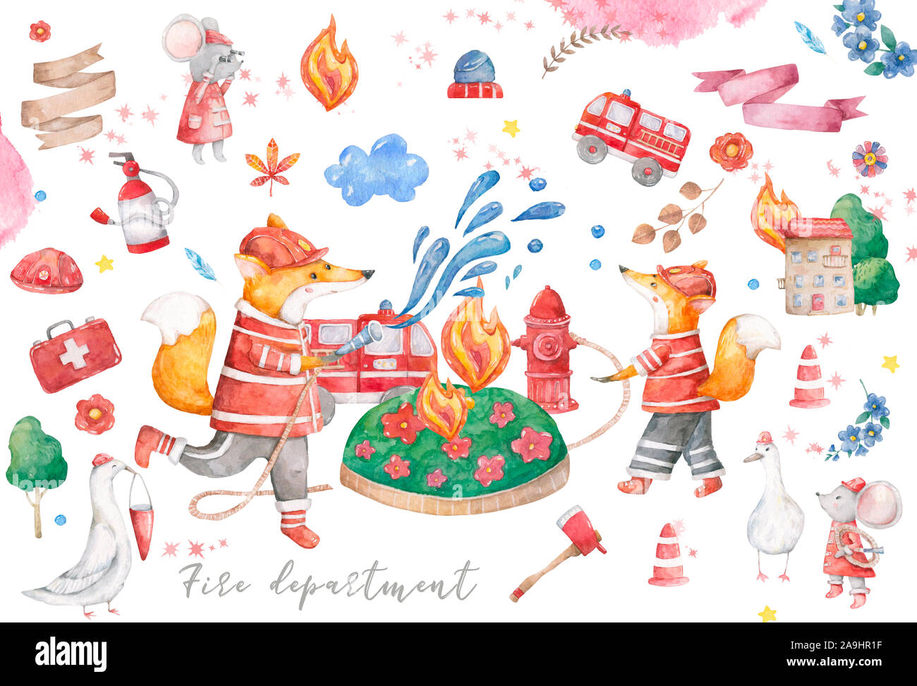 Watercolor cute cartoon little two foxes extinguish a fire on trees ...