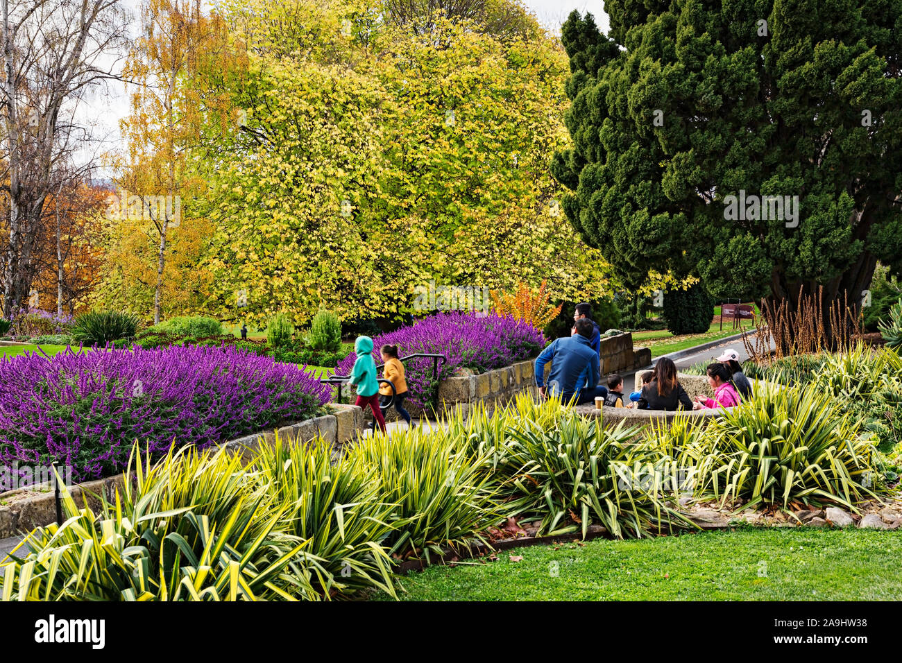 Hobart Australia / The Royal Tasmanian Botanaical Gardens in Hobart,Tasmania.Family enjoying gardens, the  RTBG established in 1880 covers a 14 hectar Stock Photo