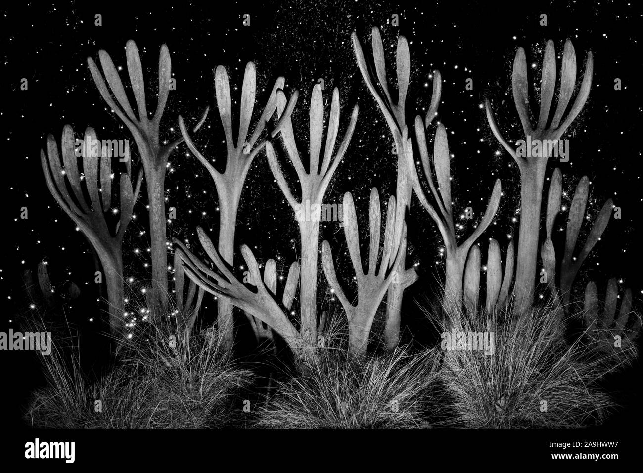 Sculpture entitled "A Hedge against Extinction" by artist Martin Webster illuminated at night at the North Carolina Arboretum in Asheville, North Caro Stock Photo