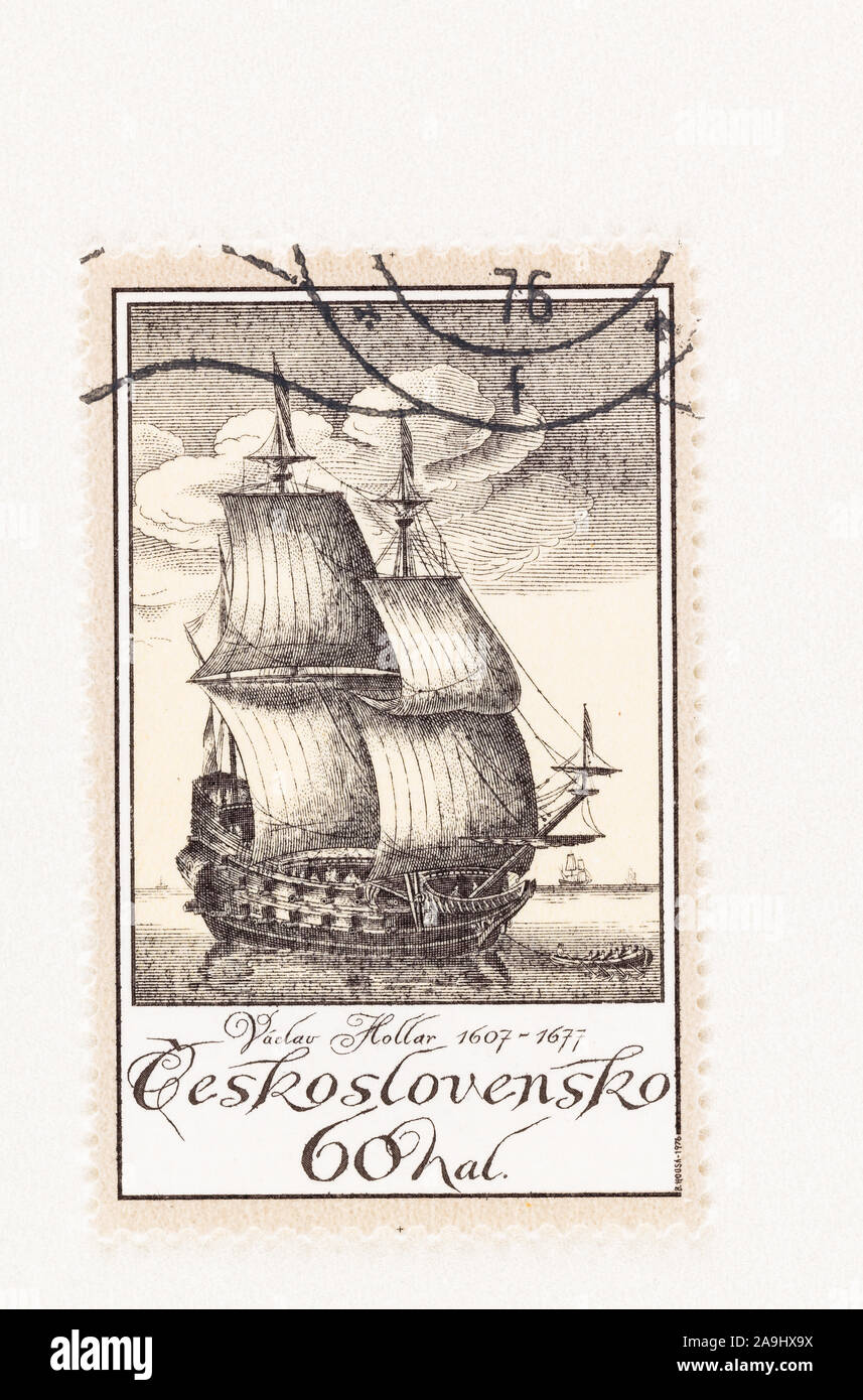 SEATTLE WASHINGTON - October 5, 2019: Vaclav Hollar tall ship engraving on Czechoslovakia postage stamp, issued in 1976.  Scott # 2072. Stock Photo