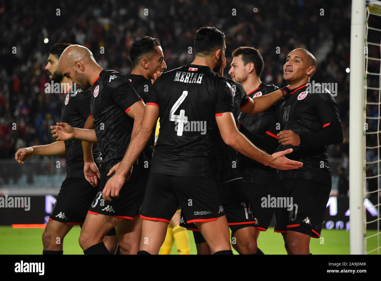 Tunis, Tunisia. 15th Nov, 2019. Tunisia's forward Wahbi Khazri celebrates with his team mates after scoring during the 2021 Africa Cup of Nations group J qualifying football match between Tunisia and Libya at the Stade Olympique de Rades.(Final score; Tunisia 4:1 Libya) Credit: SOPA Images Limited/Alamy Live News Stock Photo