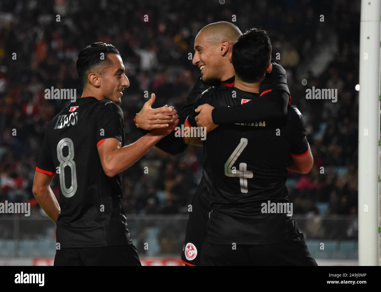 Tunis, Tunisia. 15th Nov, 2019. Tunisia's forward Wahbi Khazri celebrates with his team mates after scoring during the 2021 Africa Cup of Nations group J qualifying football match between Tunisia and Libya at the Stade Olympique de Rades.(Final score; Tunisia 4:1 Libya) Credit: SOPA Images Limited/Alamy Live News Stock Photo