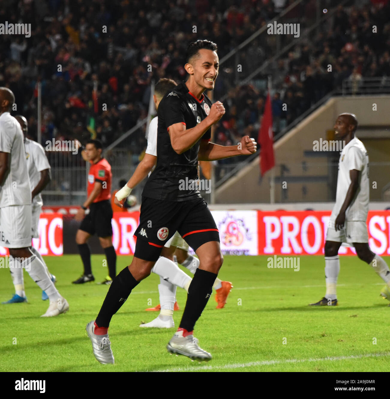 Tunis, Tunisia. 15th Nov, 2019. Tunisia's midfielder Saif-Eddine Khaoui celebrates after scoring a goal during the 2021 Africa Cup of Nations group J qualifying football match between Tunisia and Libya at the Stade Olympique de Rades.(Final score; Tunisia 4:1 Libya) Credit: SOPA Images Limited/Alamy Live News Stock Photo