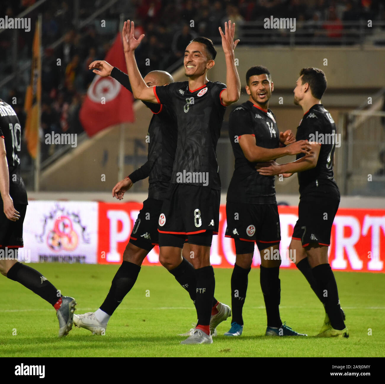 Tunis, Tunisia. 15th Nov, 2019. Tunisia's midfielder Saif-Eddine Khaoui (2nd-R) celebrates his goal during the 2021 Africa Cup of Nations group J qualifying football match between Tunisia and Libya at the Stade Olympique de Rades.(Final score; Tunisia 4:1 Libya) Credit: SOPA Images Limited/Alamy Live News Stock Photo