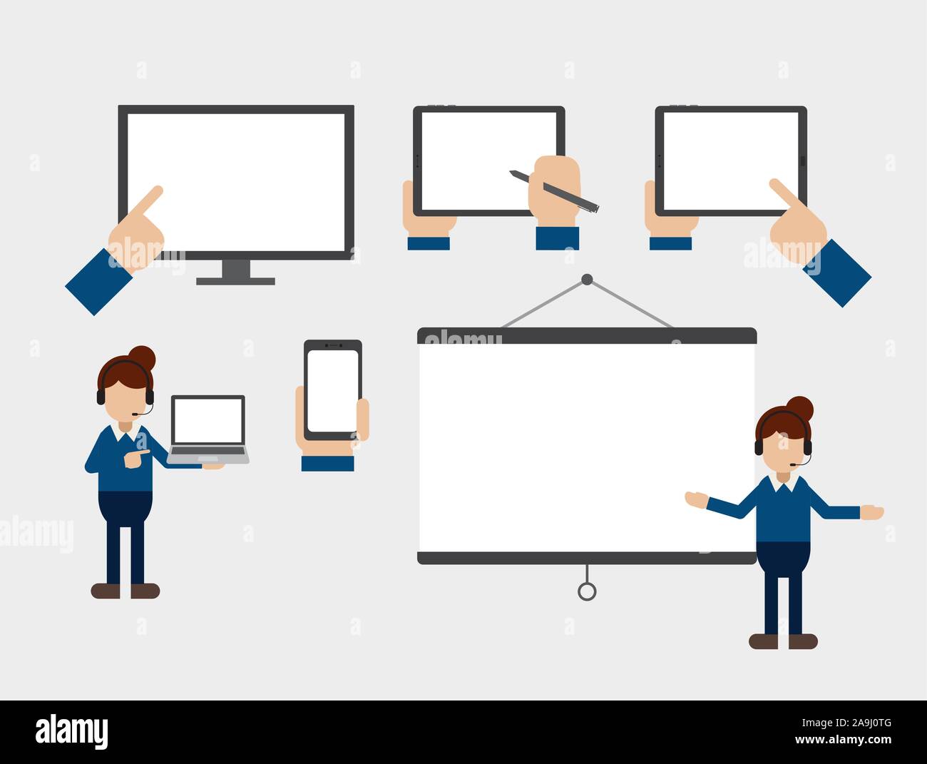 Empty screen devices with finger point and worker present flat design vector illustration Stock Vector