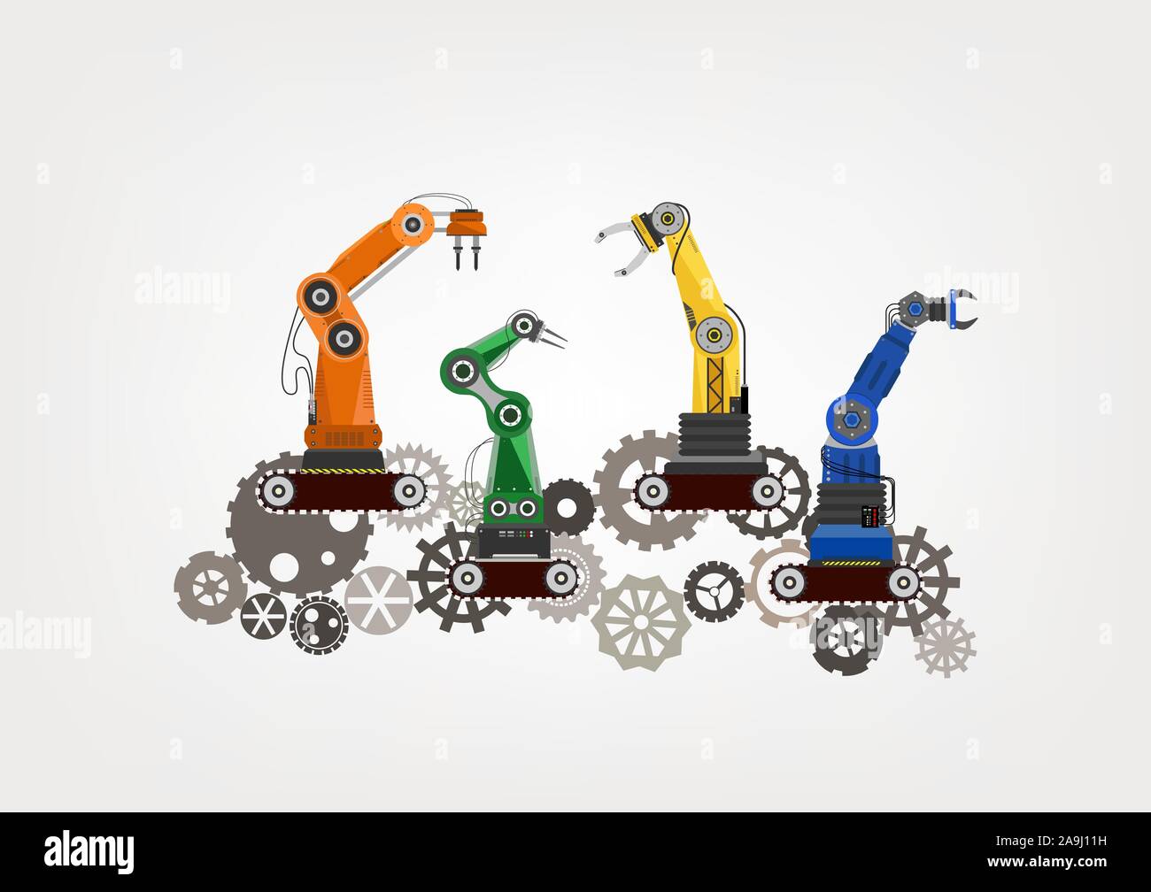 Robotic arms on gears flat design vector illustration Stock Vector