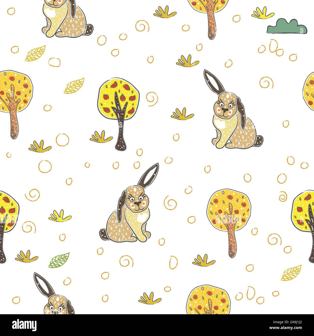 Seamless Pattern with cute bunnies. Hand Drawn cartoon Style. Vector ...