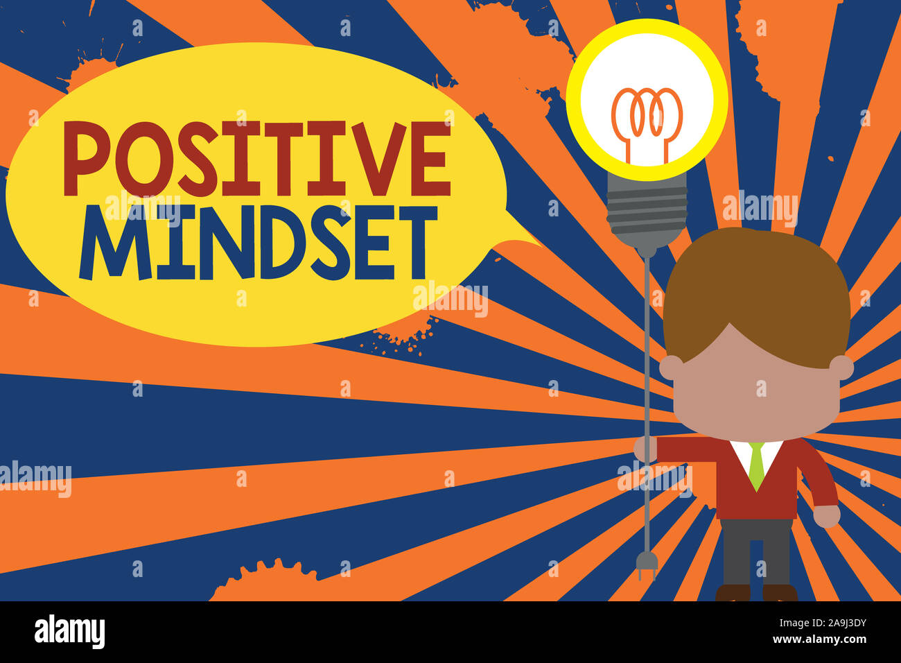 Conceptual hand writing showing Positive Mindset. Concept meaning mental attitude in wich you expect favorable results Standing man tie holding plug s Stock Photo