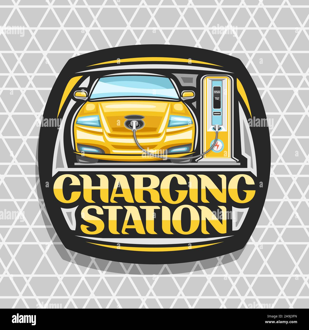 Vector logo for Electric Car Charging Station, black design sign board with cartoon electric vehicle loading in high power charger, original lettering Stock Vector