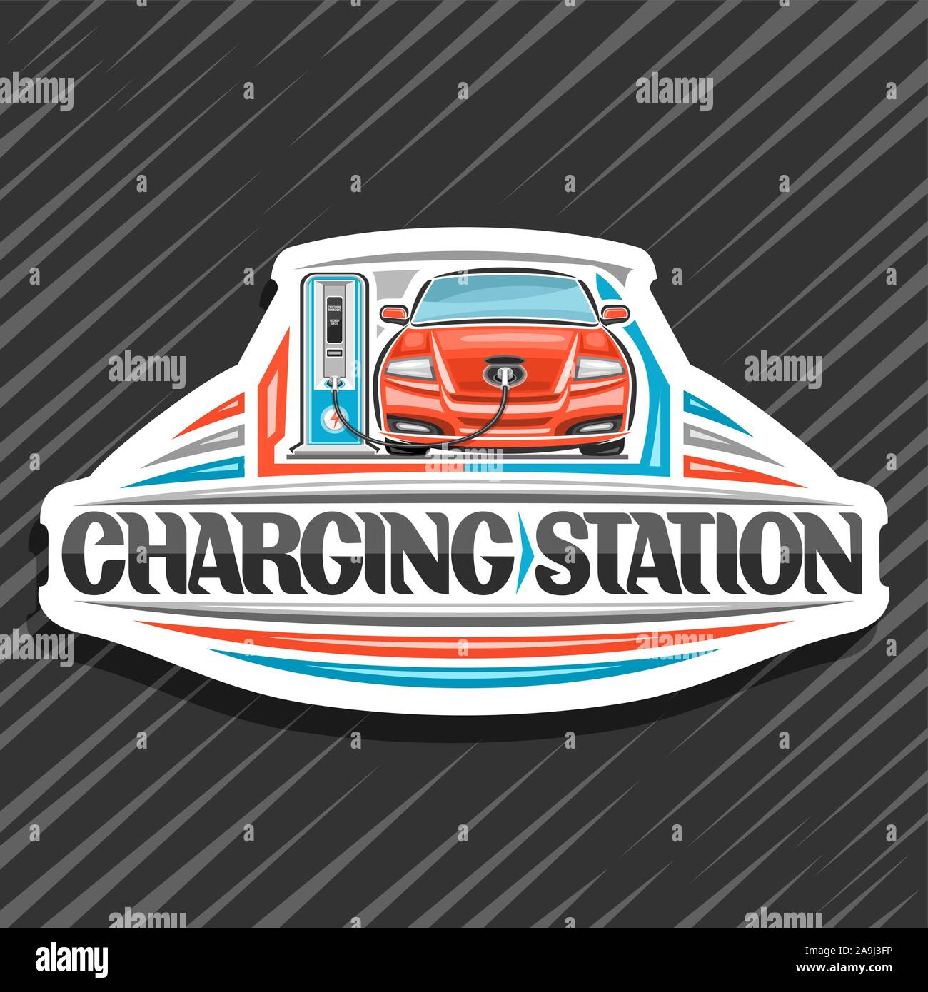 Vector logo for Electric Car Charging Station, white design sign board with cartoon electric vehicle loading in high power charger, original lettering Stock Vector