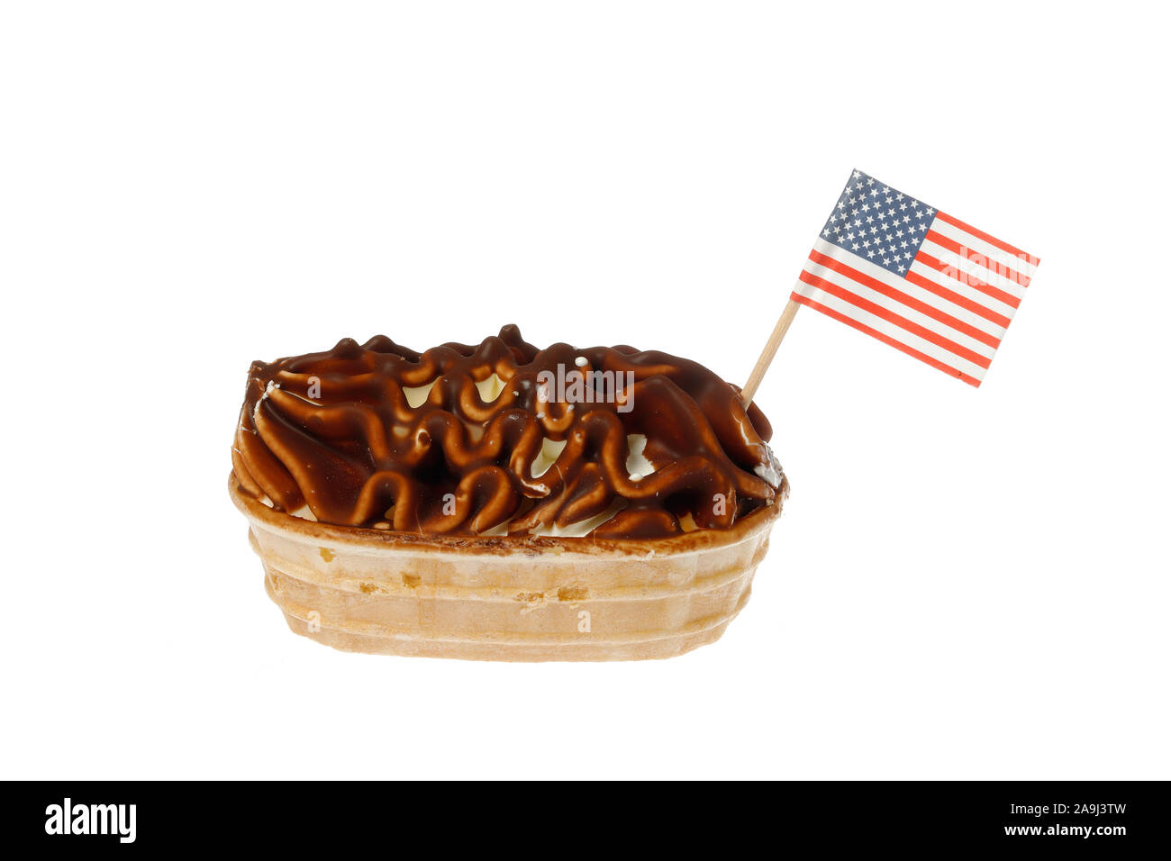 Cocholoate covered ice cream boat with the flag of USA isolated on white background. Stock Photo