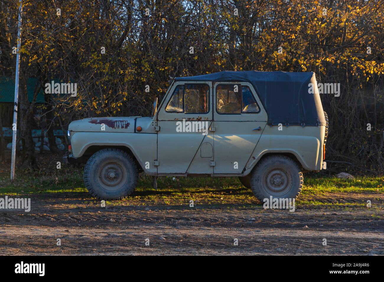 Azerbaijan, Shabran - November 8, 2019: Soviet UAZ SUV on a mountain road Stock Photo