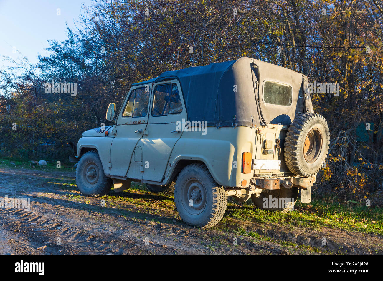 Azerbaijan, Shabran - November 8, 2019: Soviet UAZ SUV on a mountain road Stock Photo