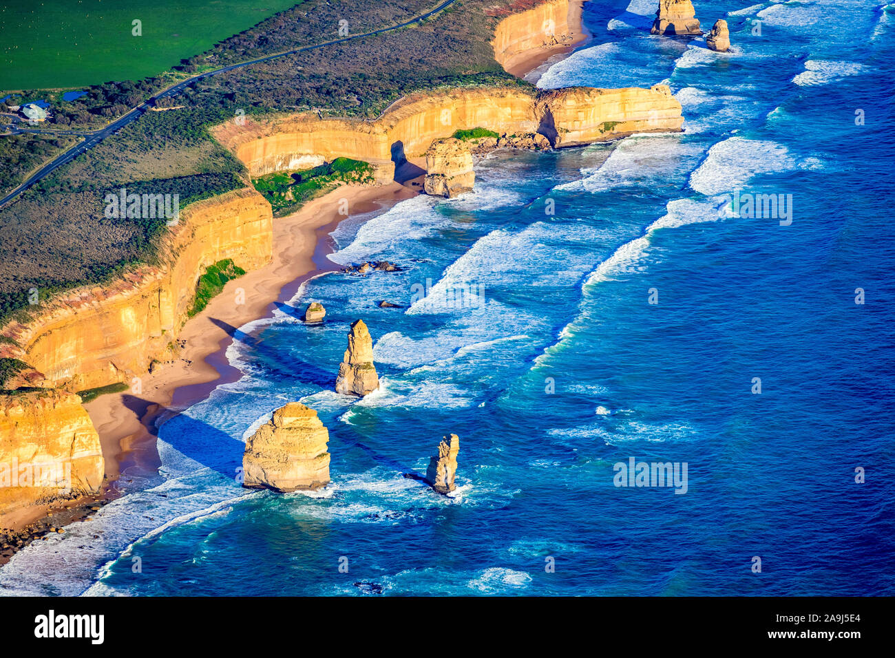An aerial panoramic view of the Twelve Apostles within Port Campbell National Park, Victoria