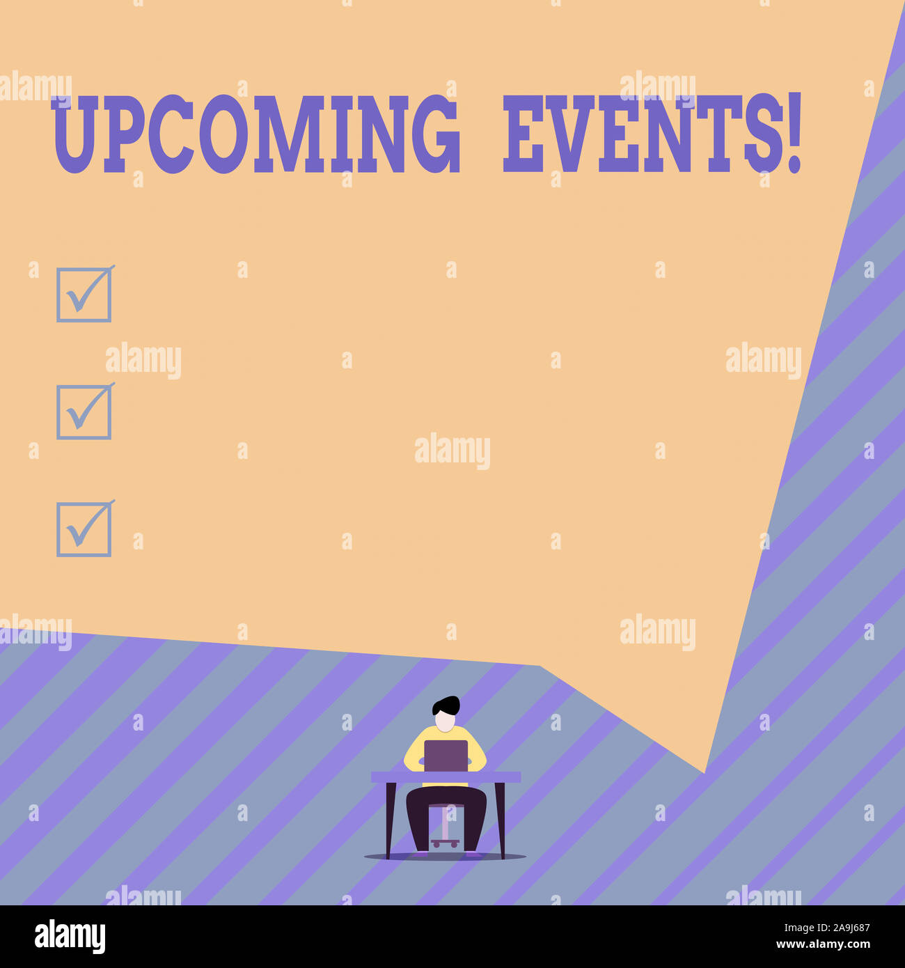 Handwriting text Upcoming Events. Conceptual photo thing that will happens or takes place soon planned occasion Young man sitting on chair while typin Stock Photo