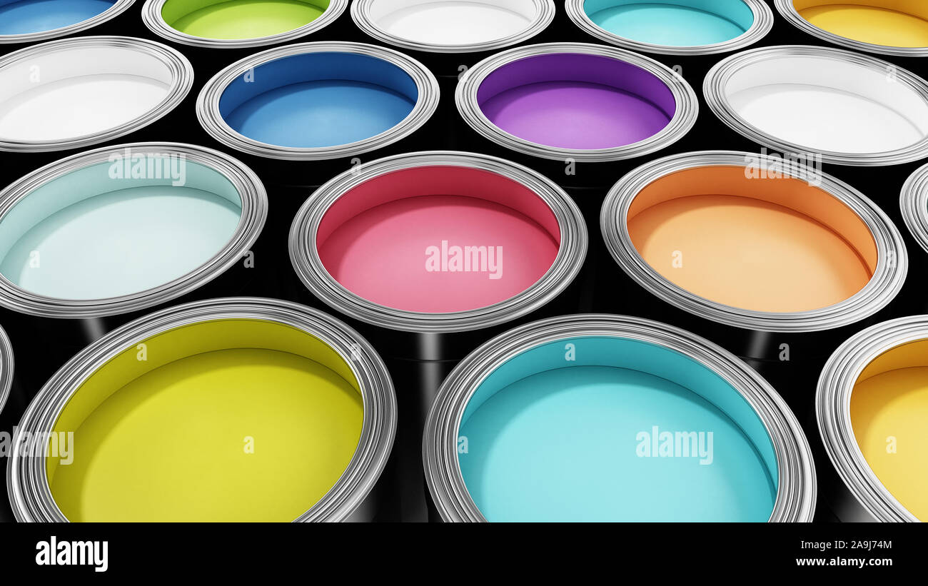 Group of metal paint cans with vibrant colors. 3D illustration Stock