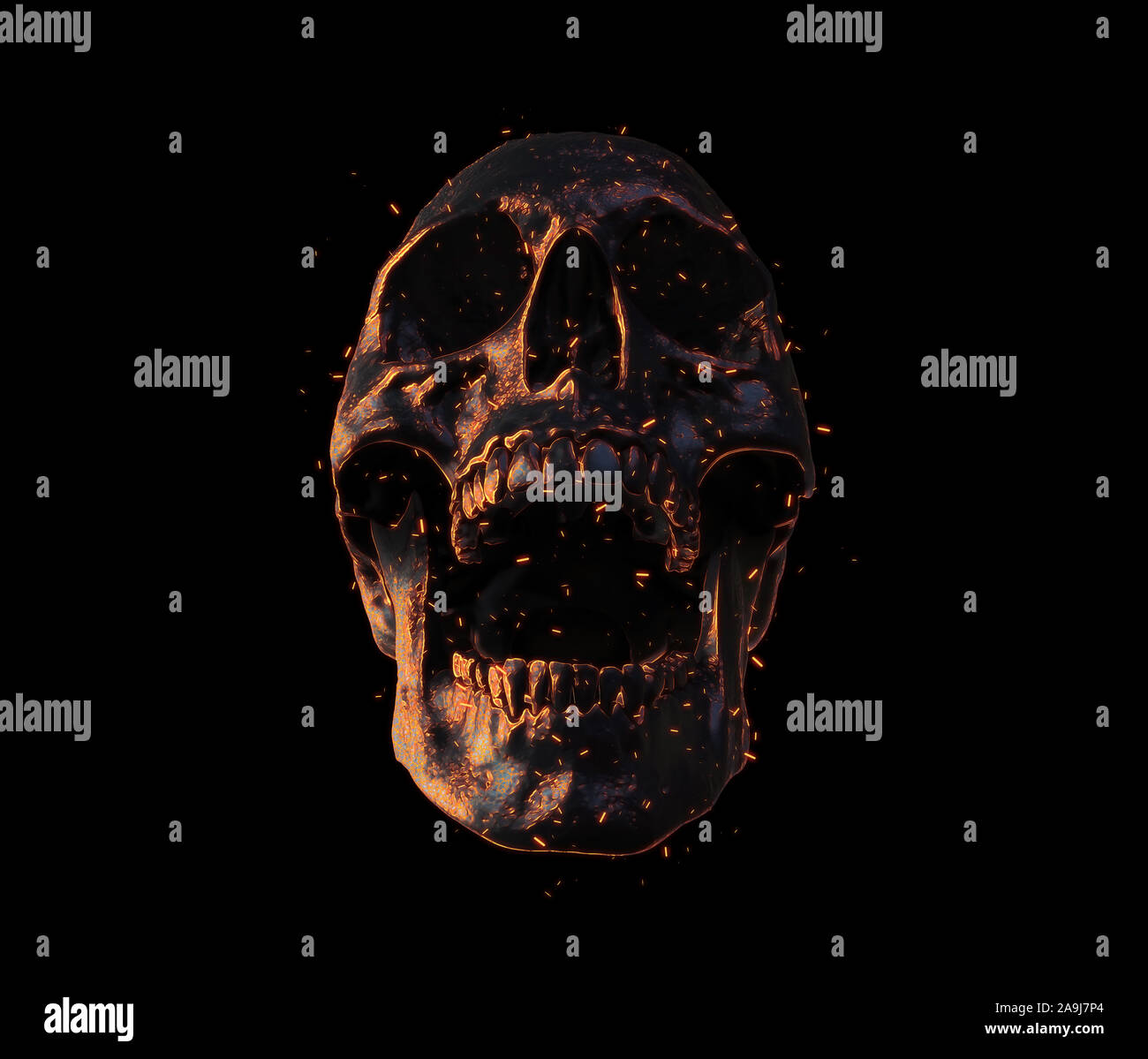 Burned skull in fire  isolated background 3d render Stock Photo