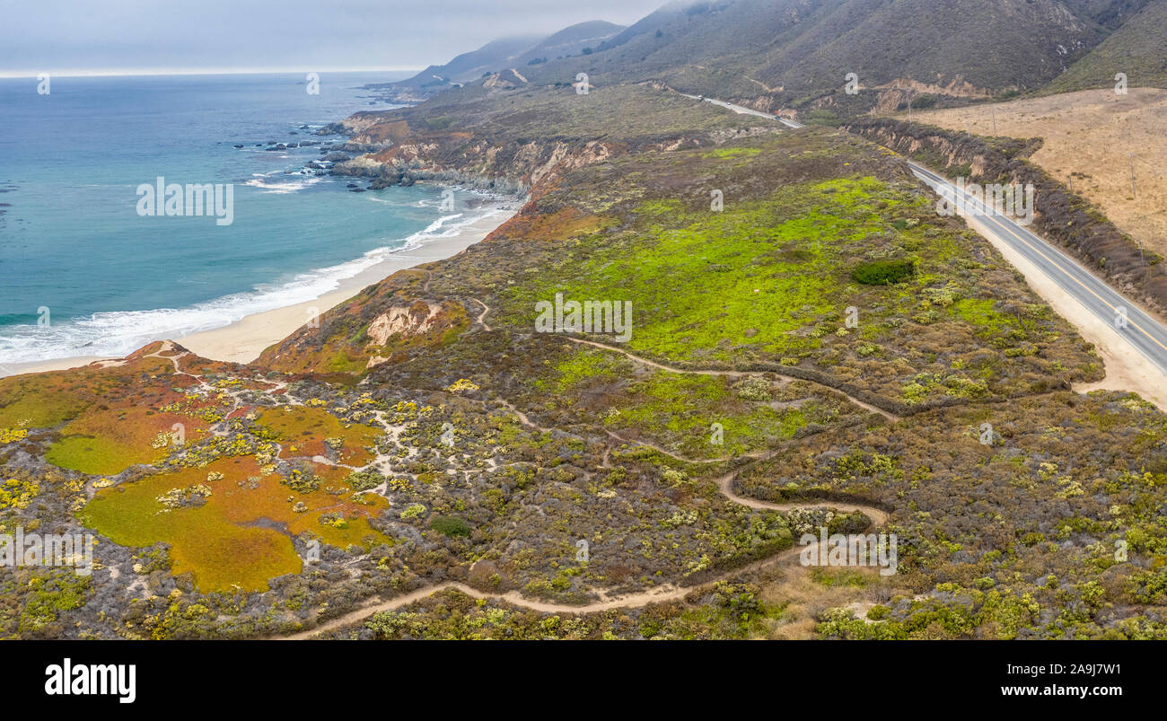 aerial view of northern California coastline near Monterey, beach and trails, Big Sur, California, USA, Pacific Ocean Stock Photo