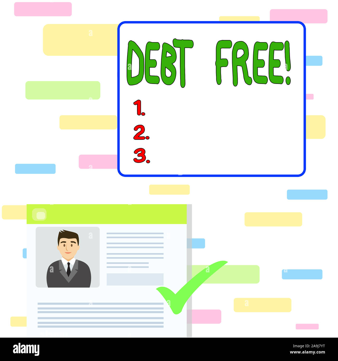 Writing note showing Debt Free. Business concept for does not owning any money to any individual or companies Curriculum Vitae Resume of Candidate Mar Stock Photo