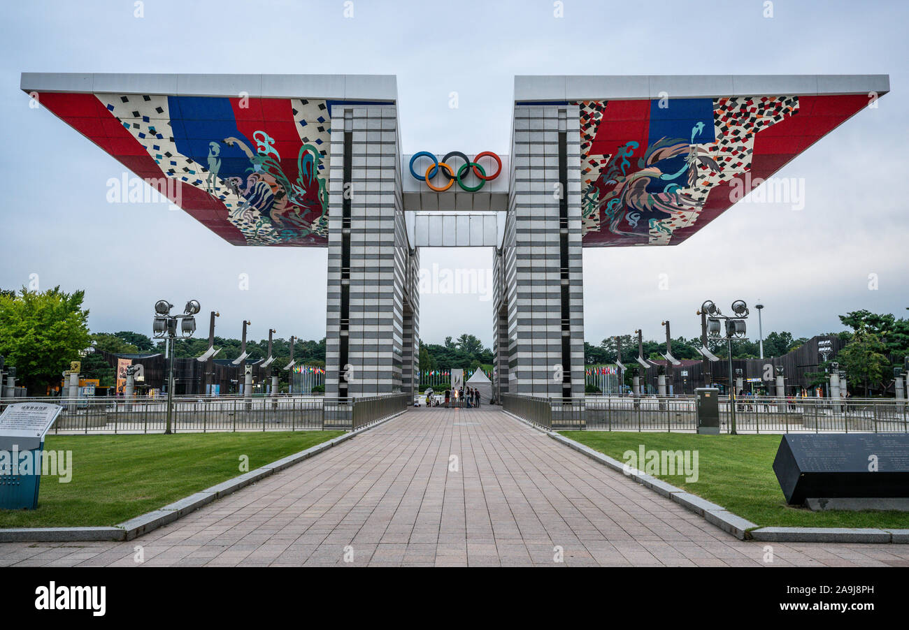 Seoul Korea , 20 September 2019 : View of the Olympics park in Seoul with the world peace gate that commemorate the 1988 summer Olympic games in Songp Stock Photo
