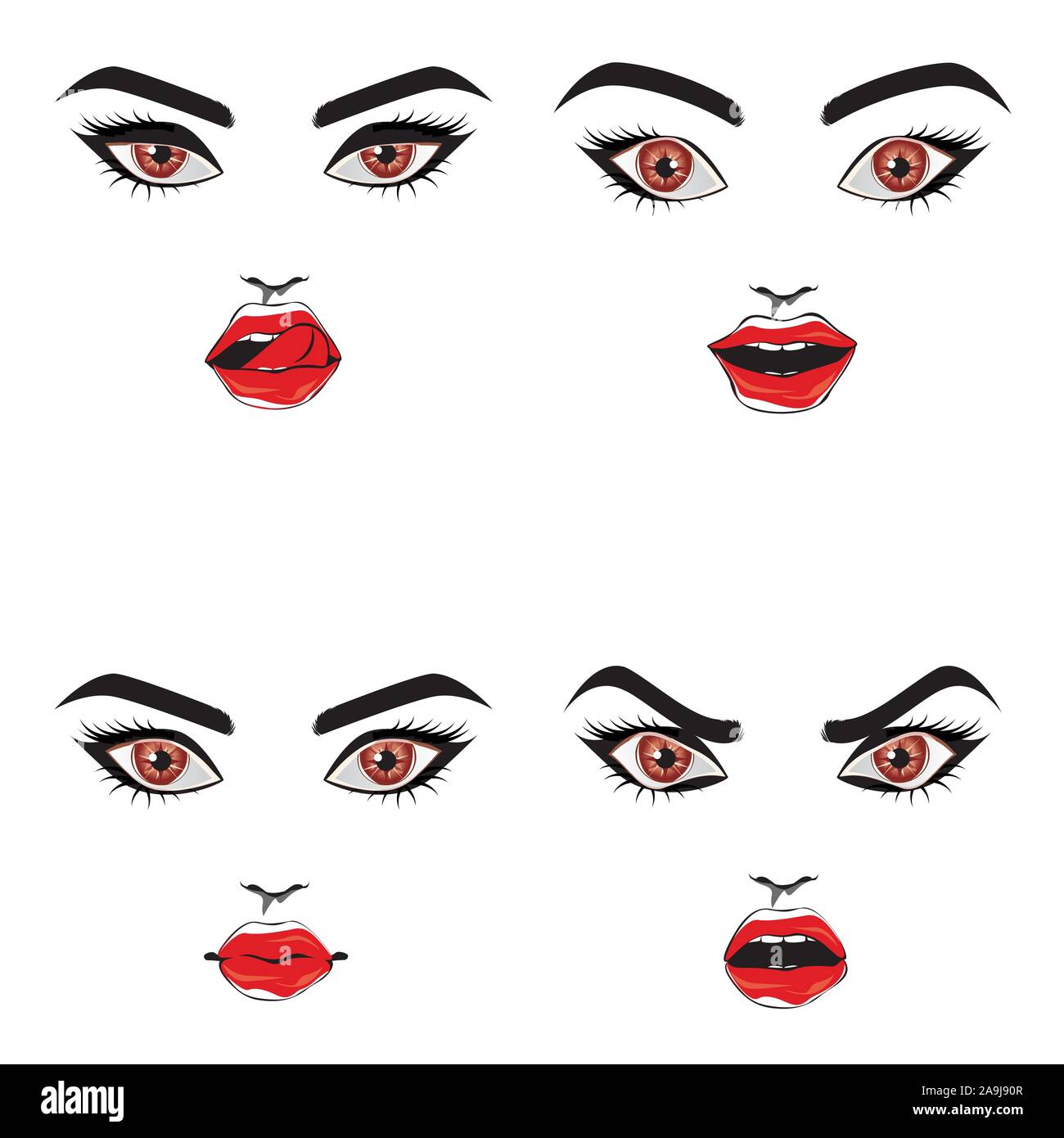 Female Face With Brown Eyes And Red Lips In Different Emotions Design